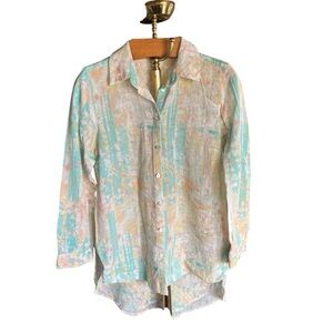 Soft Surroundings Pastel Floral Mixed Materials Button Down Shirt Medium